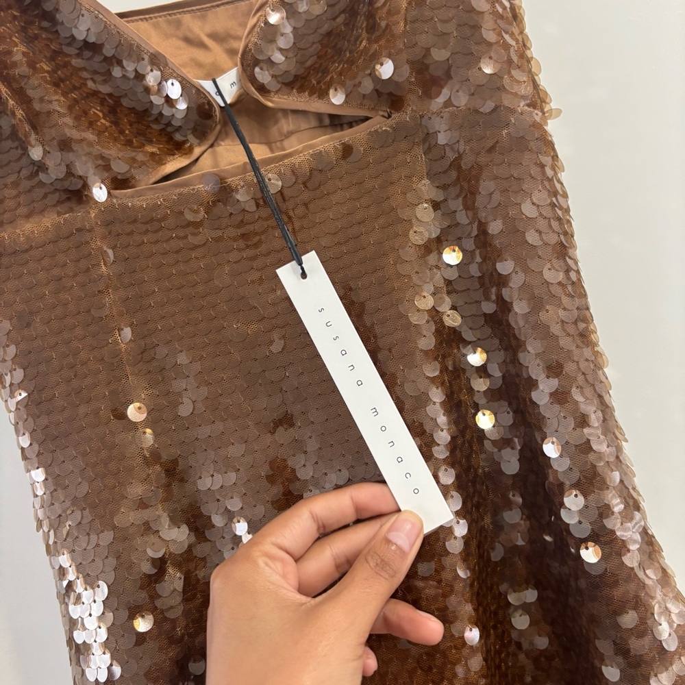 NWT Susana Monaco Sheer Sequin String Cut Out Dress Caramel Size XS/Small - Picture 6 of 7